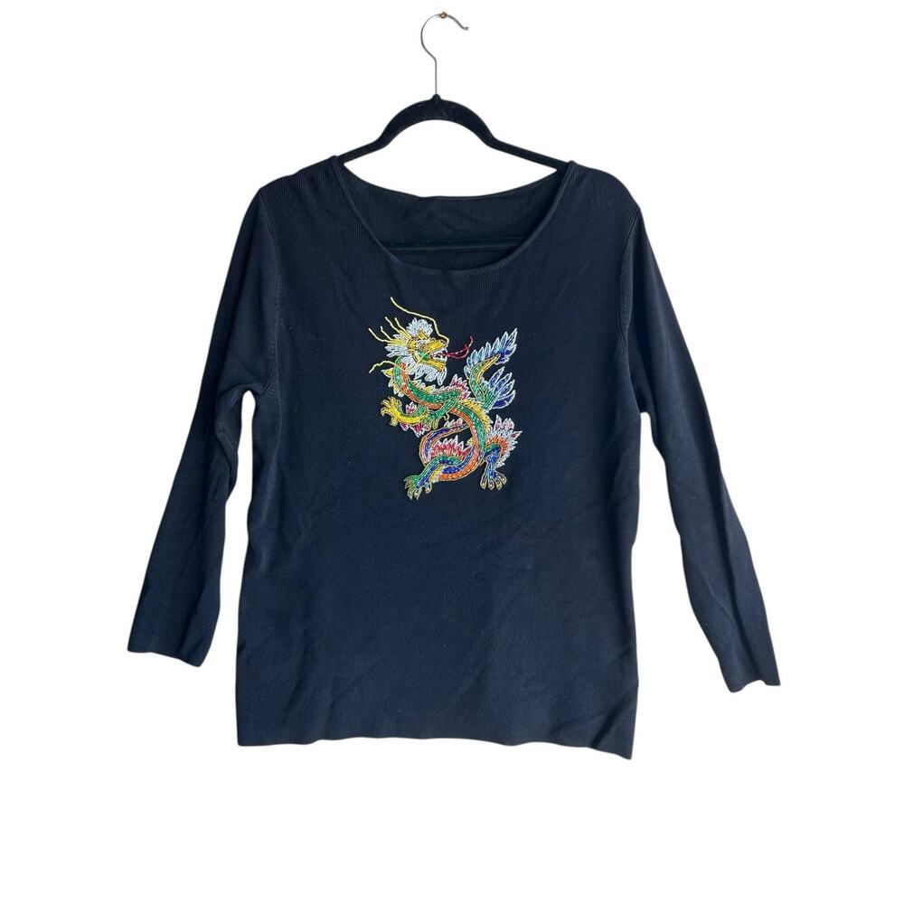 Vintage Lucia Burns Beaded Chinese Dragon Embroidered Black Top LARGE Hong Kong